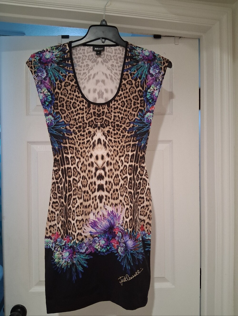 Just Cavalli Leopard Floral Cap-Sleeve Tunic in Brown, Purple, Blue